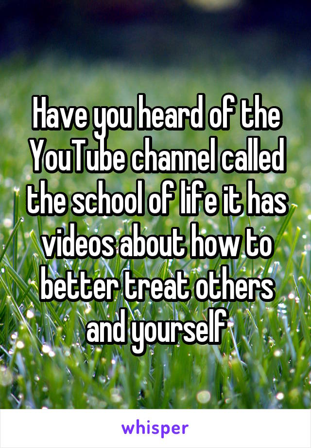 Have you heard of the YouTube channel called the school of life it has videos about how to better treat others and yourself