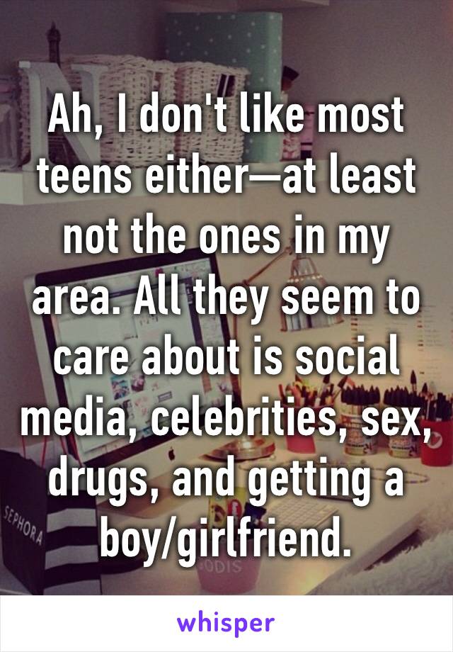Ah, I don't like most teens either—at least not the ones in my area. All they seem to care about is social media, celebrities, sex, drugs, and getting a boy/girlfriend.