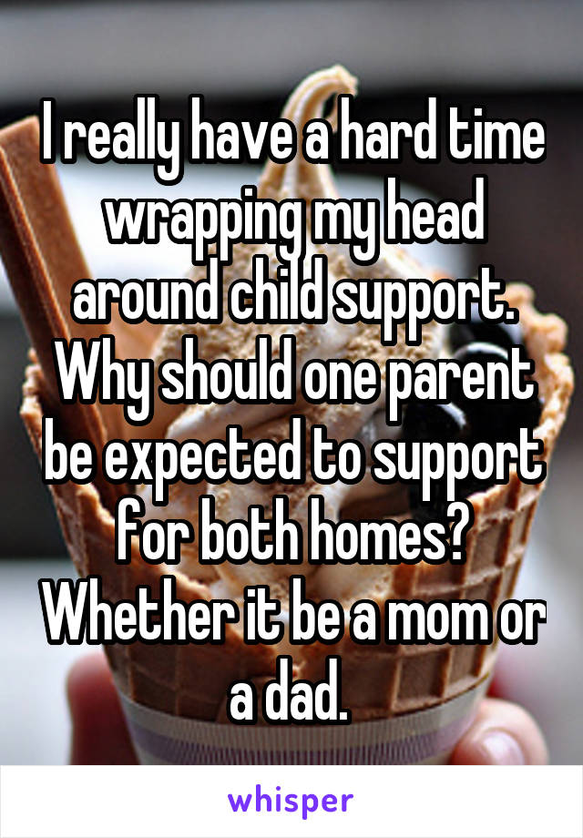 I really have a hard time wrapping my head around child support. Why should one parent be expected to support for both homes? Whether it be a mom or a dad. 