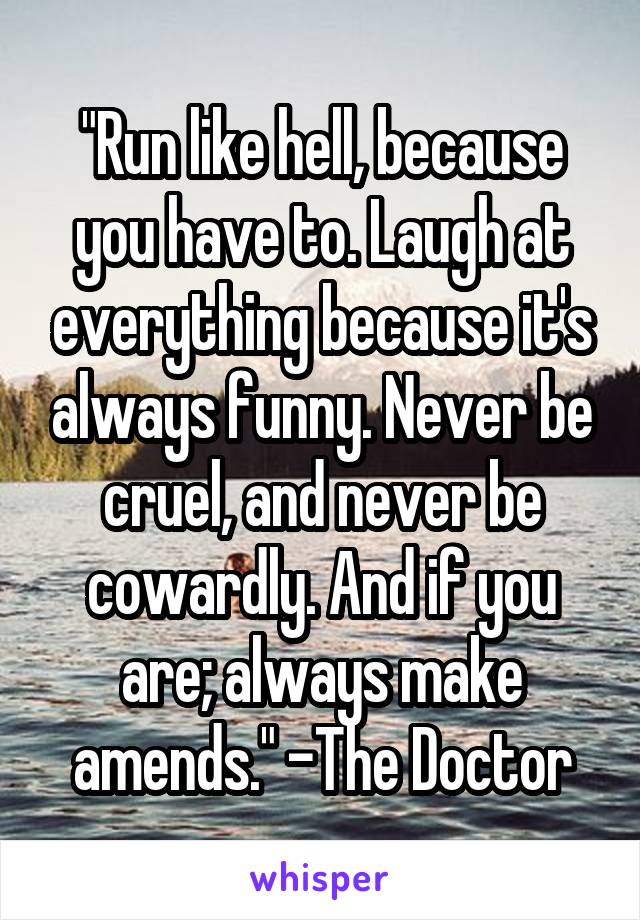 "Run like hell, because you have to. Laugh at everything because it's always funny. Never be cruel, and never be cowardly. And if you are; always make amends." -The Doctor