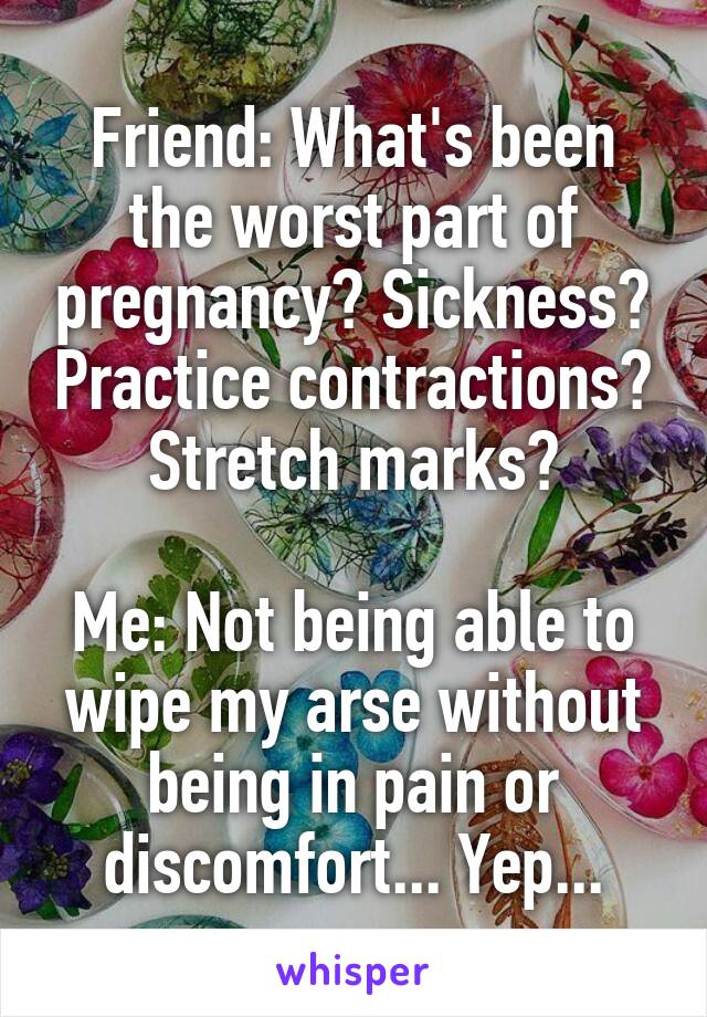 Friend: What's been the worst part of pregnancy? Sickness? Practice contractions? Stretch marks?

Me: Not being able to wipe my arse without being in pain or discomfort... Yep...