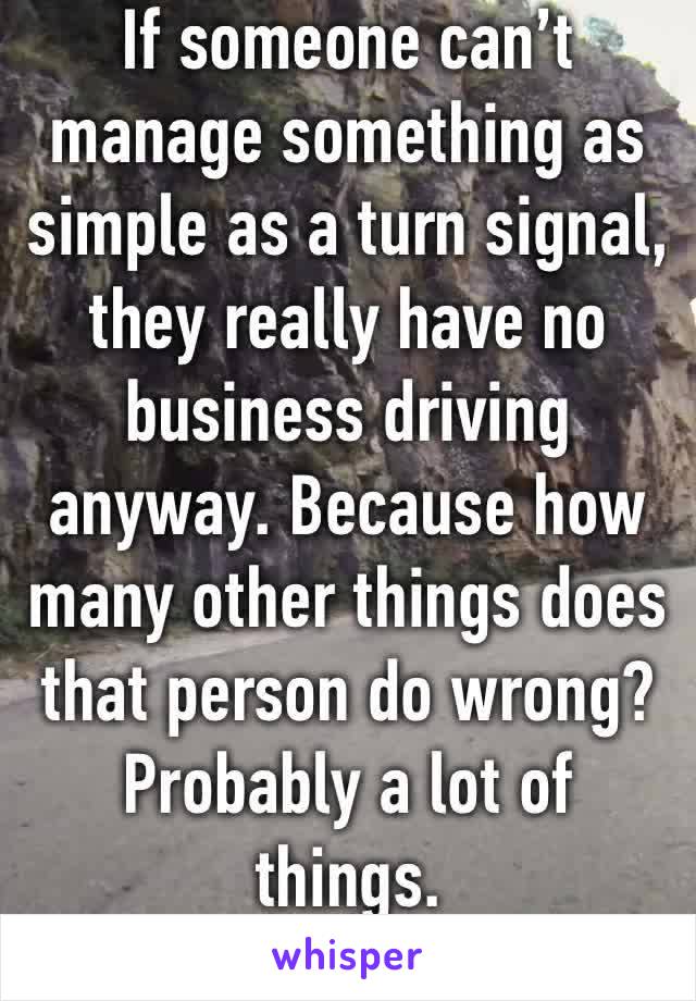 If someone can’t manage something as simple as a turn signal, they really have no business driving anyway. Because how many other things does that person do wrong? Probably a lot of things. 