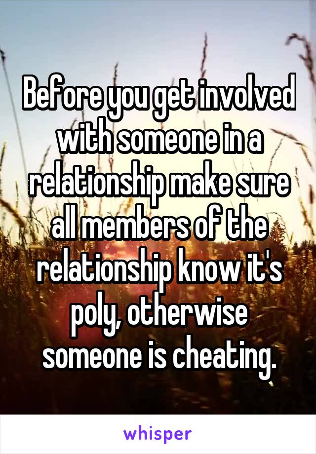 Before you get involved with someone in a relationship make sure all members of the relationship know it's poly, otherwise someone is cheating.