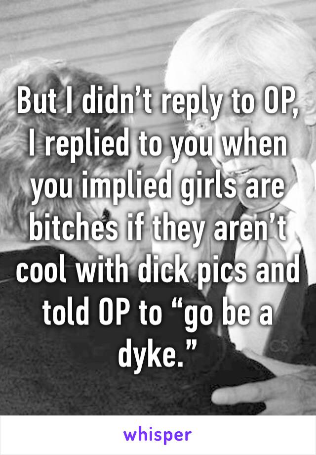 But I didn’t reply to OP, I replied to you when you implied girls are bitches if they aren’t cool with dick pics and told OP to “go be a dyke.”