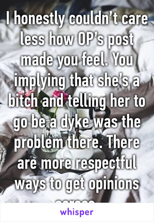 I honestly couldn’t care less how OP’s post made you feel. You implying that she’s a bitch and telling her to go be a dyke was the problem there. There are more respectful ways to get opinions across.