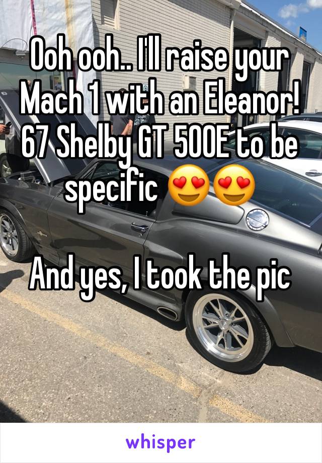 Ooh ooh.. I'll raise your Mach 1 with an Eleanor! 67 Shelby GT 500E to be specific 😍😍

And yes, I took the pic