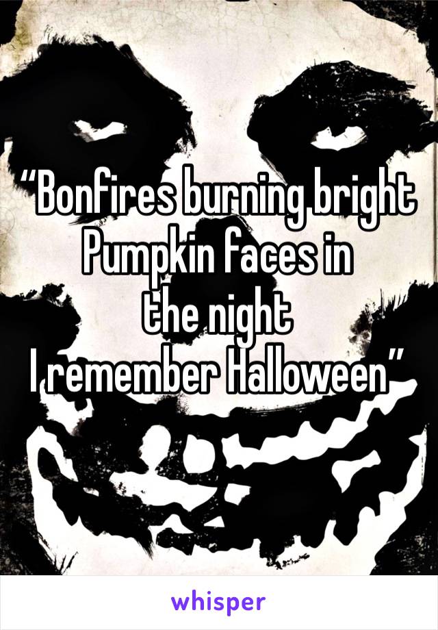 “Bonfires burning bright
Pumpkin faces in the night
I remember Halloween”