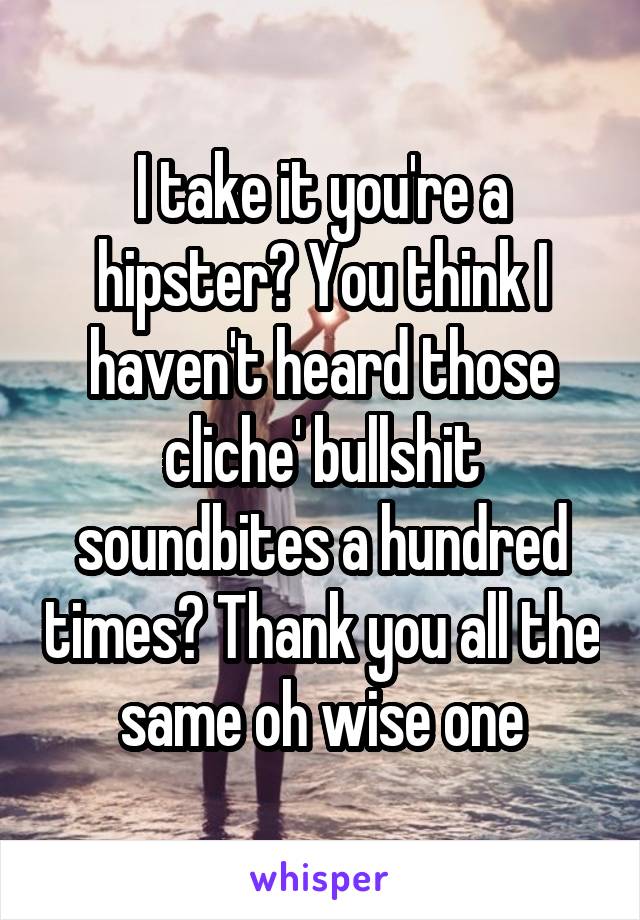 I take it you're a hipster? You think I haven't heard those cliche' bullshit soundbites a hundred times? Thank you all the same oh wise one