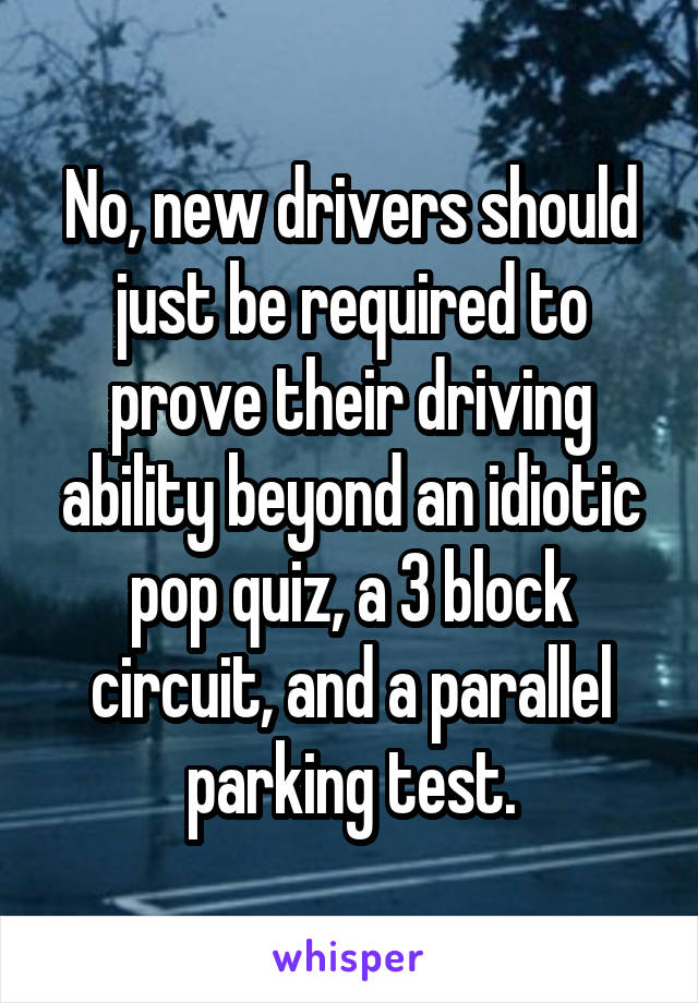 No, new drivers should just be required to prove their driving ability beyond an idiotic pop quiz, a 3 block circuit, and a parallel parking test.
