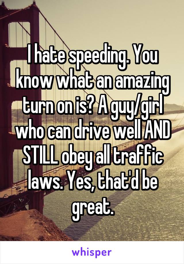 I hate speeding. You know what an amazing turn on is? A guy/girl who can drive well AND STILL obey all traffic laws. Yes, that'd be great.