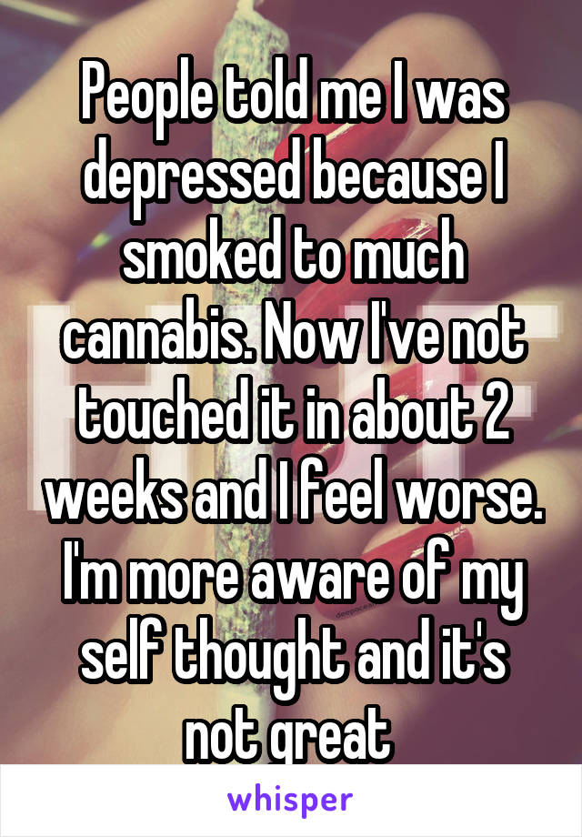 People told me I was depressed because I smoked to much cannabis. Now I've not touched it in about 2 weeks and I feel worse. I'm more aware of my self thought and it's not great 