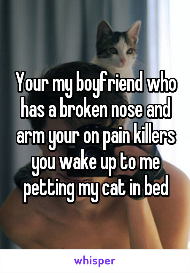 Your my boyfriend who has a broken nose and arm your on pain killers you wake up to me petting my cat in bed