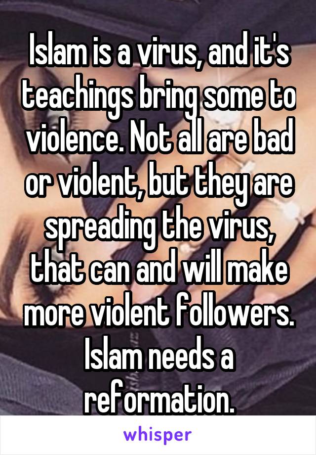 Islam is a virus, and it's teachings bring some to violence. Not all are bad or violent, but they are spreading the virus, that can and will make more violent followers. Islam needs a reformation.