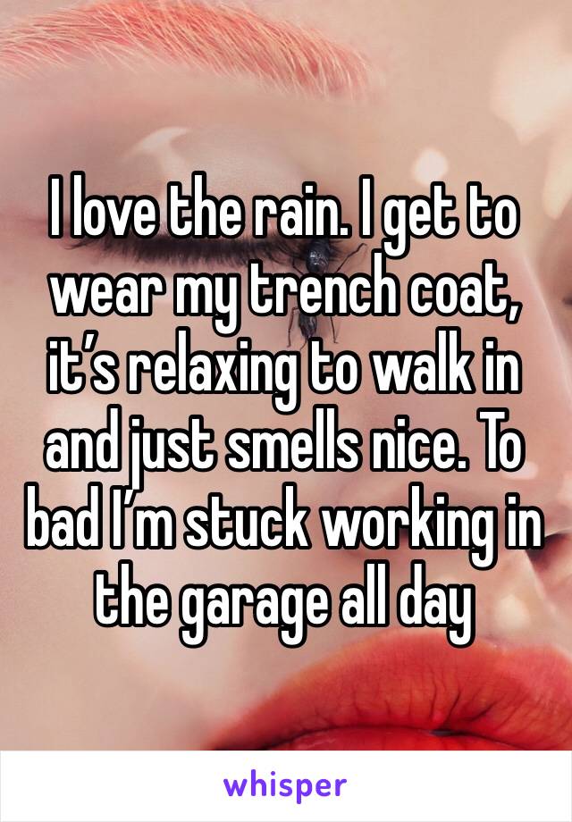 I love the rain. I get to wear my trench coat, it’s relaxing to walk in and just smells nice. To bad I’m stuck working in the garage all day
