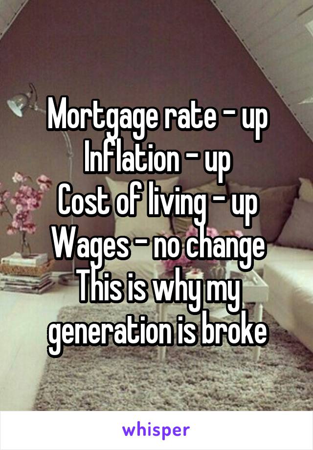 Mortgage rate - up
Inflation - up
Cost of living - up
Wages - no change
This is why my generation is broke