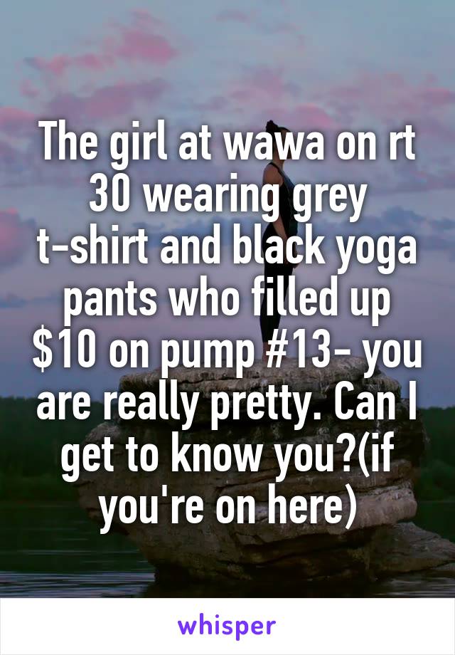 The girl at wawa on rt 30 wearing grey t-shirt and black yoga pants who filled up $10 on pump #13- you are really pretty. Can I get to know you?(if you're on here)
