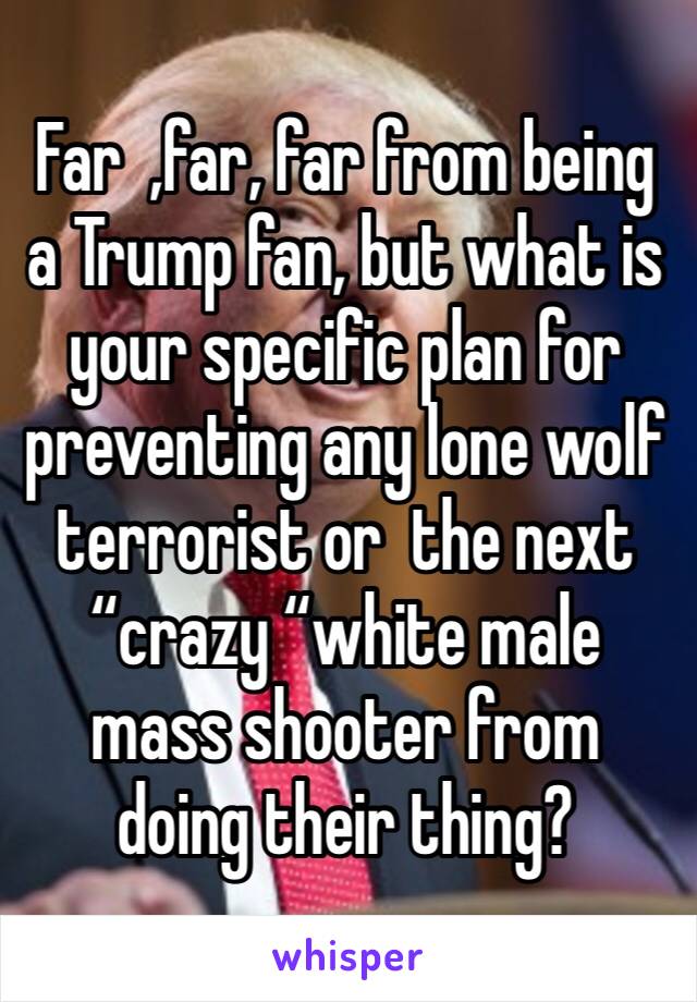 Far  ,far, far from being a Trump fan, but what is your specific plan for preventing any lone wolf terrorist or  the next “crazy “white male mass shooter from doing their thing?