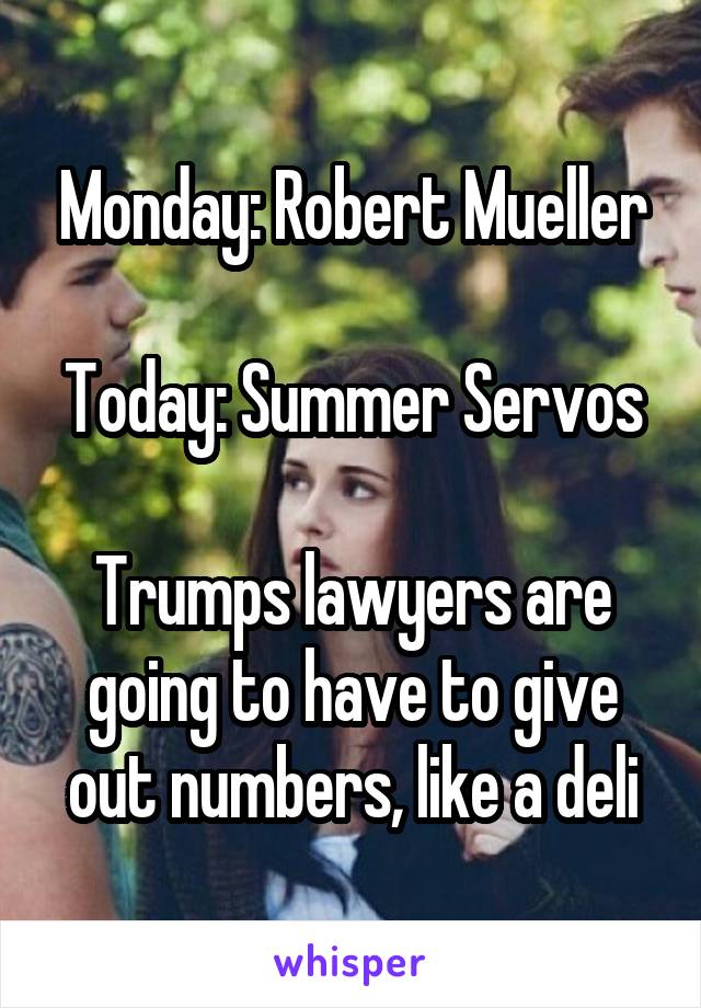 Monday: Robert Mueller

Today: Summer Servos

Trumps lawyers are going to have to give out numbers, like a deli