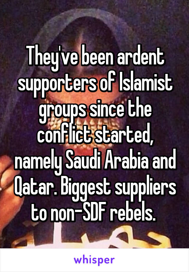 They've been ardent supporters of Islamist groups since the conflict started, namely Saudi Arabia and Qatar. Biggest suppliers to non-SDF rebels. 