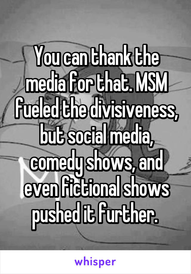 You can thank the media for that. MSM fueled the divisiveness, but social media, comedy shows, and even fictional shows pushed it further. 