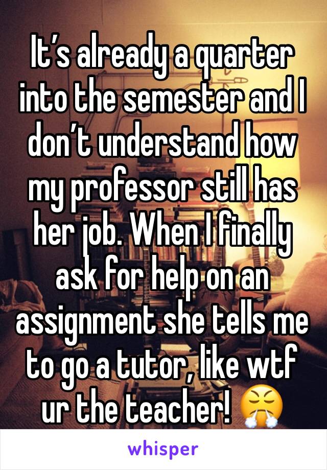 It’s already a quarter into the semester and I don’t understand how my professor still has her job. When I finally ask for help on an assignment she tells me to go a tutor, like wtf ur the teacher! 😤