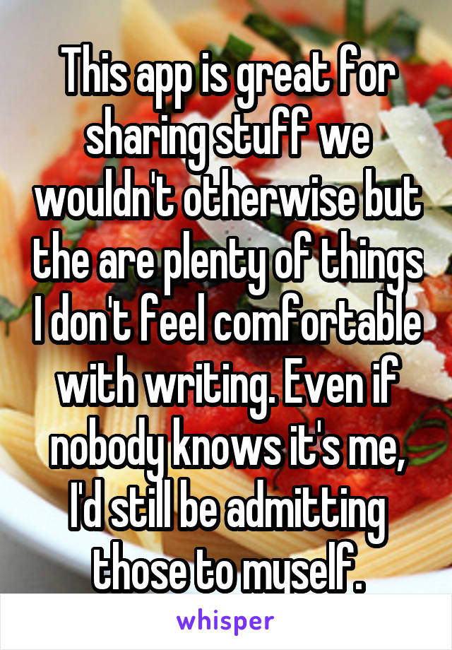 This app is great for sharing stuff we wouldn't otherwise but the are plenty of things I don't feel comfortable with writing. Even if nobody knows it's me, I'd still be admitting those to myself.