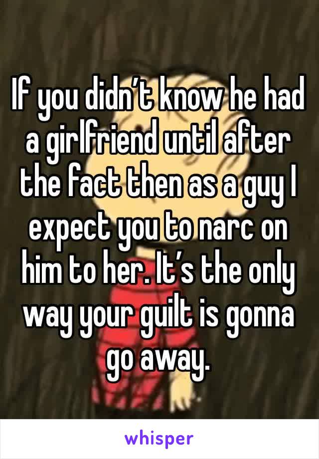 If you didn’t know he had a girlfriend until after the fact then as a guy I expect you to narc on him to her. It’s the only way your guilt is gonna go away. 