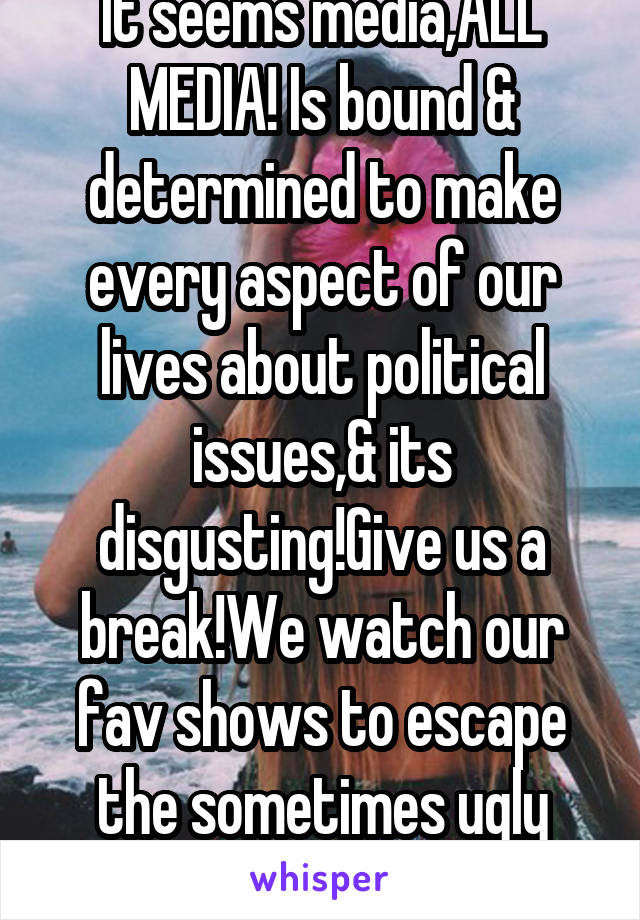 It seems media,ALL MEDIA! Is bound & determined to make every aspect of our lives about political issues,& its disgusting!Give us a break!We watch our fav shows to escape the sometimes ugly reality!