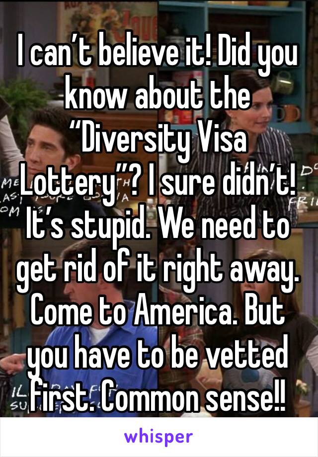 I can’t believe it! Did you know about the “Diversity Visa Lottery”? I sure didn’t! It’s stupid. We need to get rid of it right away. Come to America. But you have to be vetted first. Common sense!!
