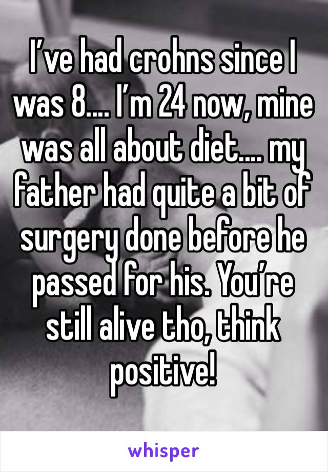 I’ve had crohns since I was 8.... I’m 24 now, mine was all about diet.... my father had quite a bit of surgery done before he passed for his. You’re still alive tho, think positive! 
