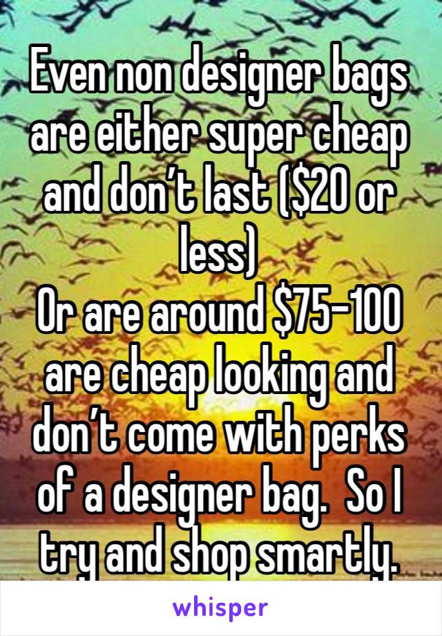 Even non designer bags are either super cheap and don’t last ($20 or less) 
Or are around $75-100 are cheap looking and don’t come with perks of a designer bag.  So I try and shop smartly.