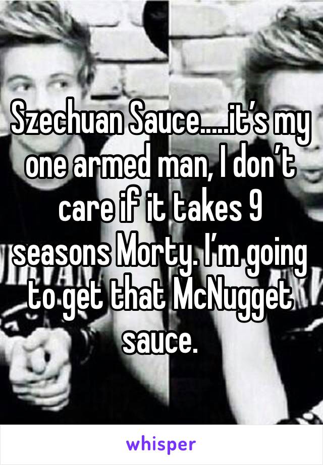 Szechuan Sauce.....it’s my one armed man, I don’t care if it takes 9 seasons Morty. I’m going to get that McNugget sauce.