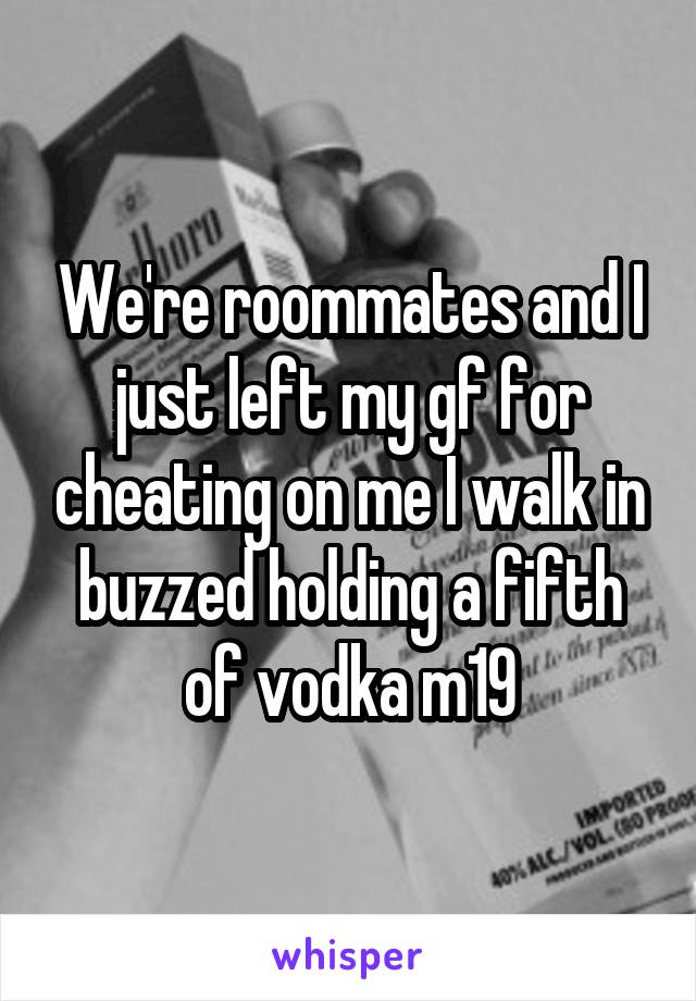 We're roommates and I just left my gf for cheating on me I walk in buzzed holding a fifth of vodka m19