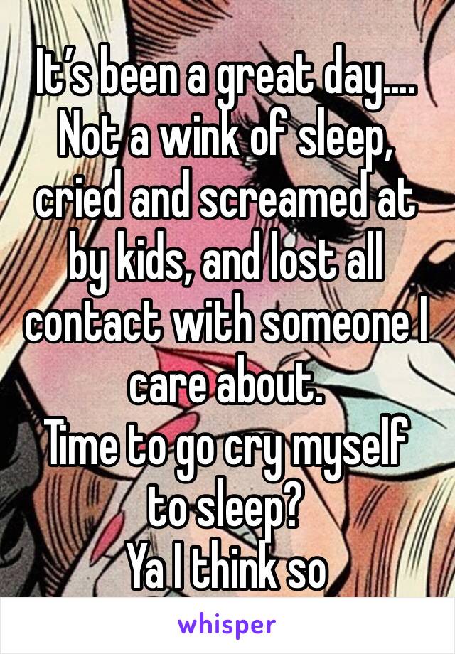 It’s been a great day....
Not a wink of sleep, cried and screamed at by kids, and lost all contact with someone I care about. 
Time to go cry myself to sleep? 
Ya I think so