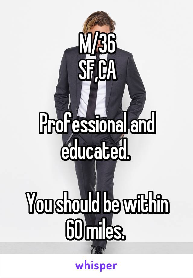 M/36
SF,CA

Professional and educated. 

You should be within 60 miles. 