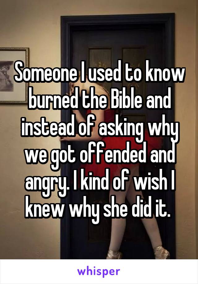 Someone I used to know burned the Bible and instead of asking why we got offended and angry. I kind of wish I knew why she did it. 