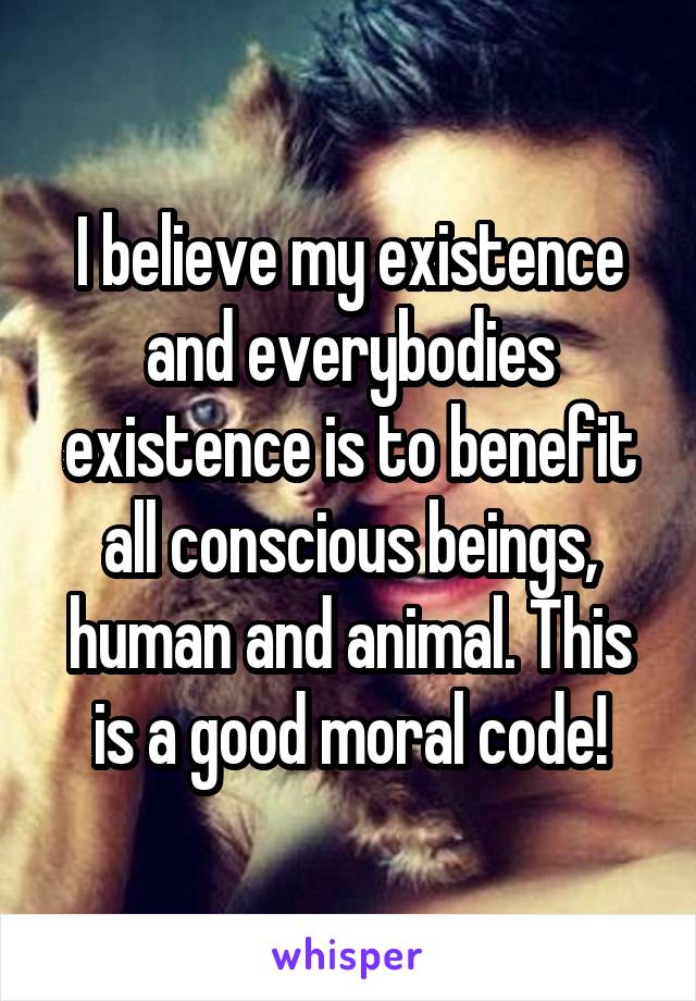 I believe my existence and everybodies existence is to benefit all conscious beings, human and animal. This is a good moral code!