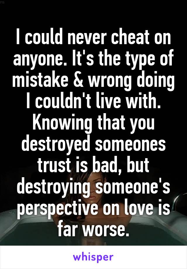 I could never cheat on anyone. It's the type of mistake & wrong doing I couldn't live with. Knowing that you destroyed someones trust is bad, but destroying someone's perspective on love is far worse.