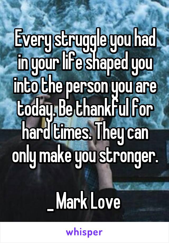 Every struggle you had in your life shaped you into the person you are today. Be thankful for hard times. They can only make you stronger.

_ Mark Love 
