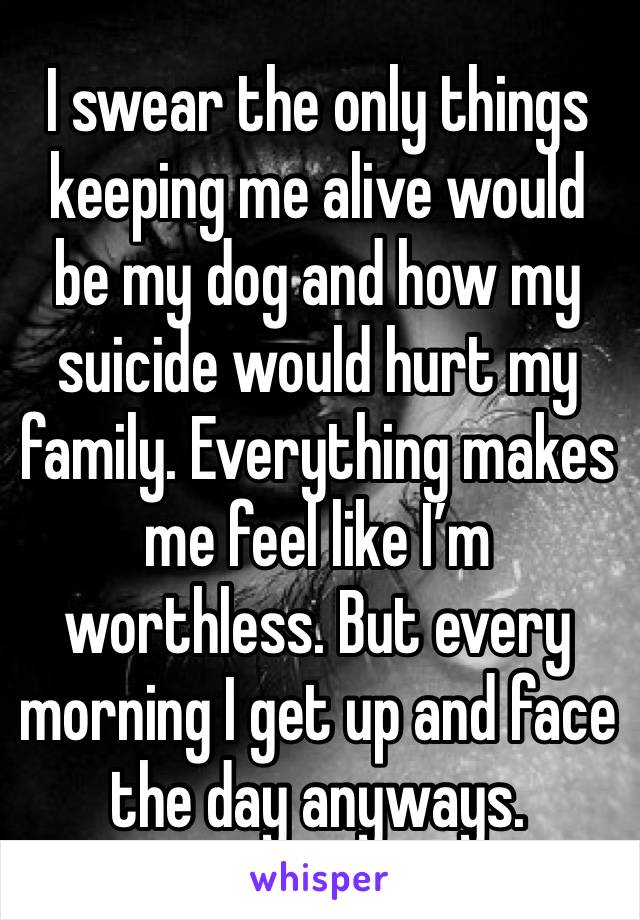 I swear the only things keeping me alive would be my dog and how my suicide would hurt my family. Everything makes me feel like I’m worthless. But every morning I get up and face the day anyways.