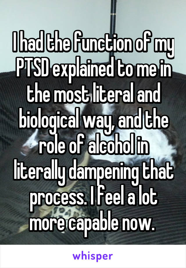 I had the function of my PTSD explained to me in the most literal and biological way, and the role of alcohol in literally dampening that process. I feel a lot more capable now. 