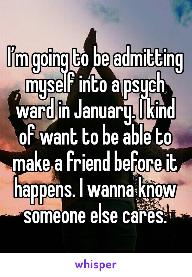 I’m going to be admitting myself into a psych ward in January. I kind of want to be able to make a friend before it happens. I wanna know someone else cares.