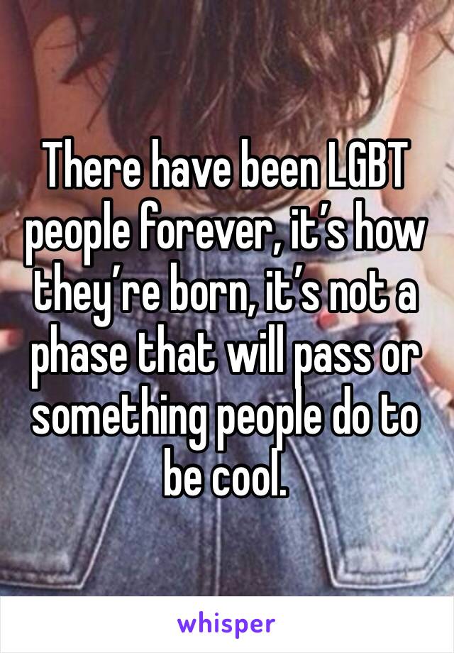 There have been LGBT people forever, it’s how they’re born, it’s not a phase that will pass or something people do to be cool. 