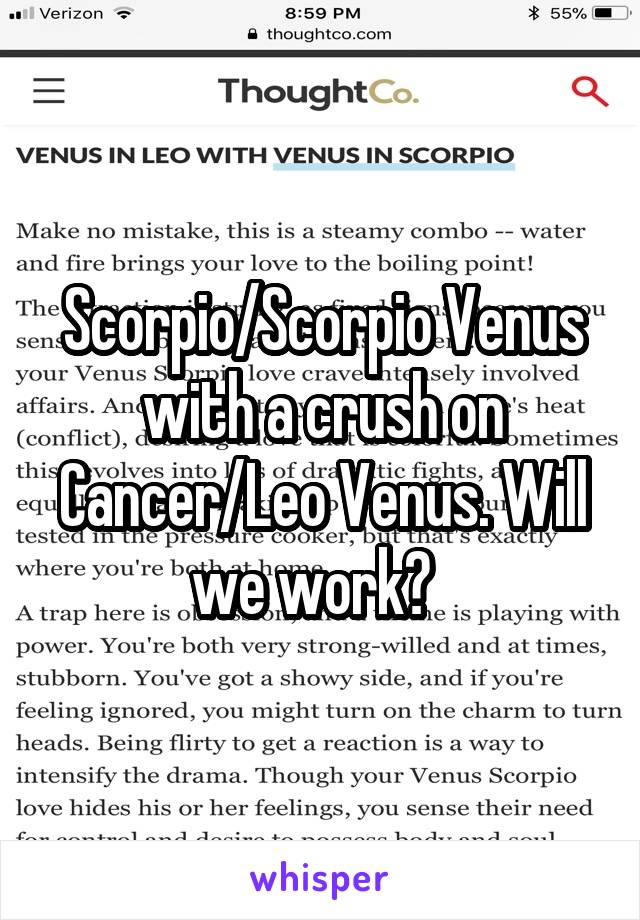 Scorpio/Scorpio Venus with a crush on Cancer/Leo Venus. Will we work?  