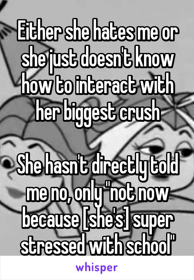 Either she hates me or she just doesn't know how to interact with her biggest crush

She hasn't directly told me no, only "not now because [she's] super stressed with school"