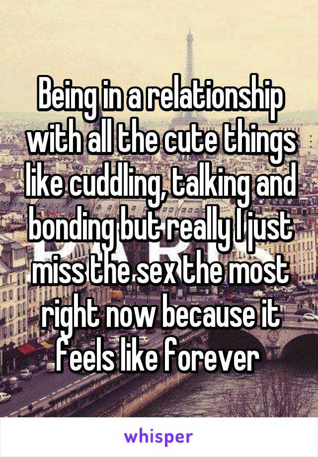 Being in a relationship with all the cute things like cuddling, talking and bonding but really I just miss the sex the most right now because it feels like forever 