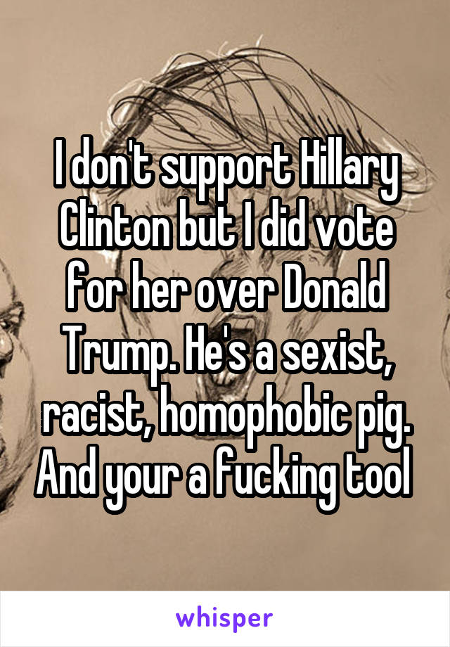 I don't support Hillary Clinton but I did vote for her over Donald Trump. He's a sexist, racist, homophobic pig. And your a fucking tool 