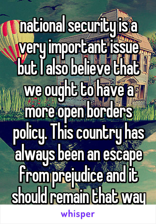 national security is a very important issue but I also believe that we ought to have a more open borders policy. This country has always been an escape from prejudice and it should remain that way