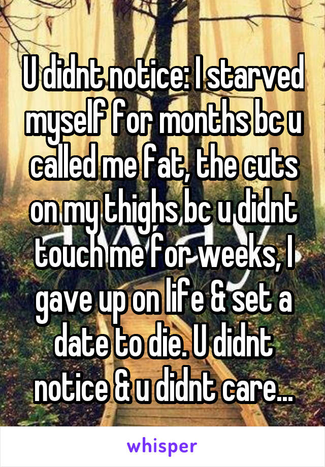 U didnt notice: I starved myself for months bc u called me fat, the cuts on my thighs bc u didnt touch me for weeks, I gave up on life & set a date to die. U didnt notice & u didnt care...