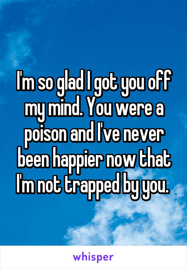 I'm so glad I got you off my mind. You were a poison and I've never been happier now that I'm not trapped by you. 